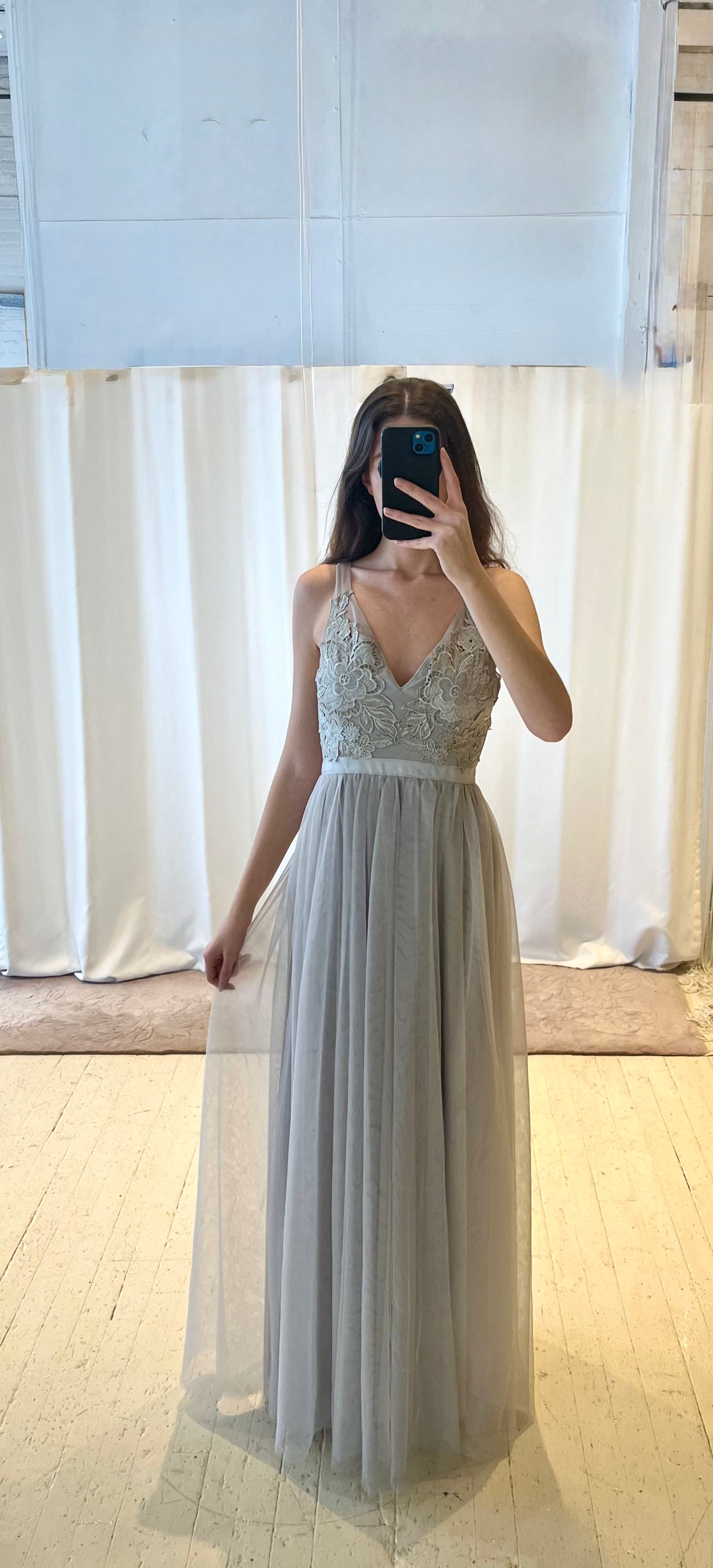 Light grey tulle long dress